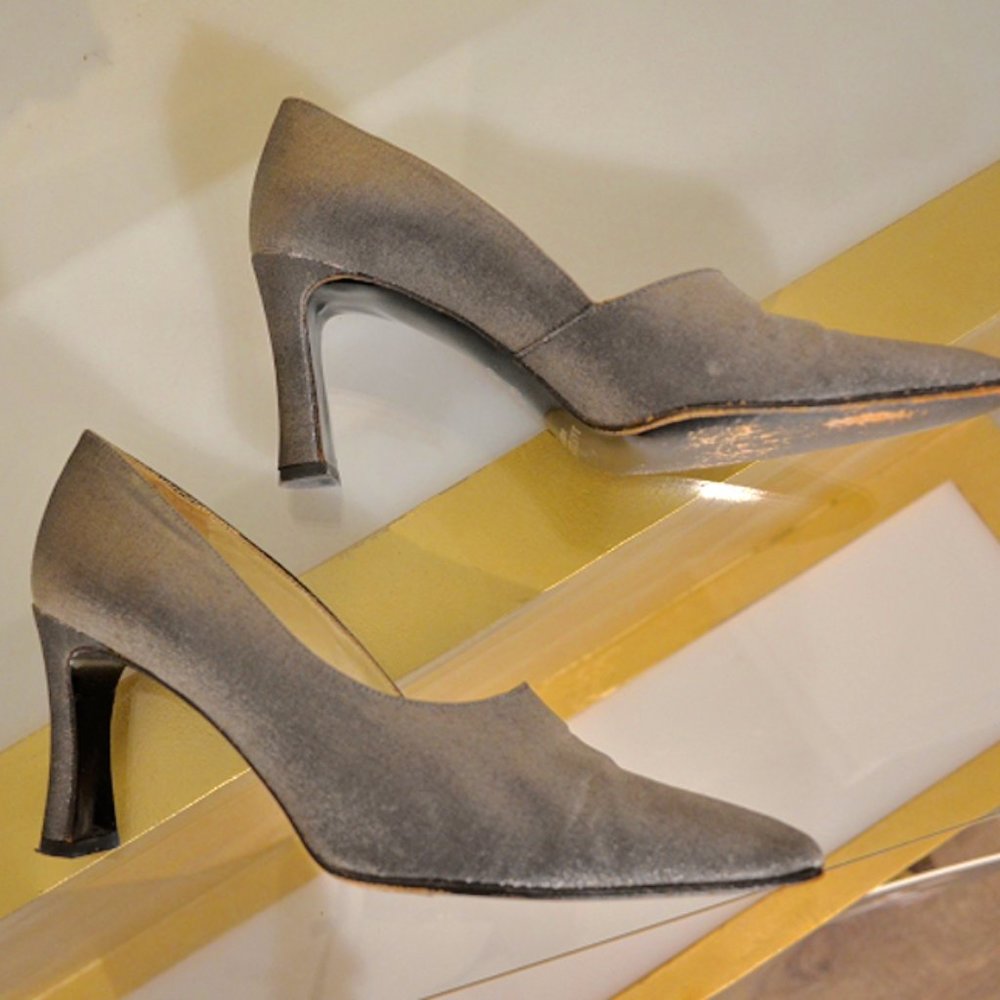 Pewter Metallic Square Toe Heels - Picture 2 of 7